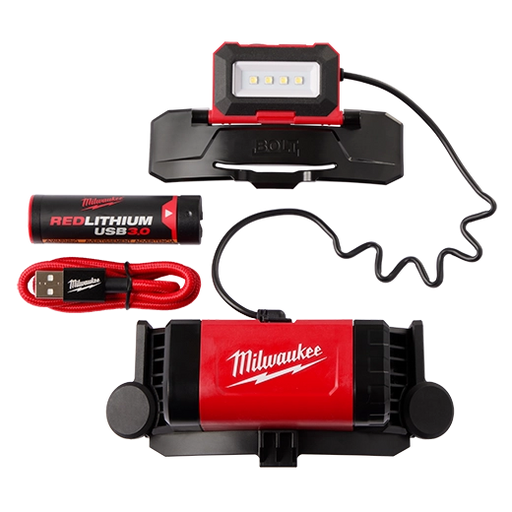 Milwaukee worklight with battery and charger on a white background