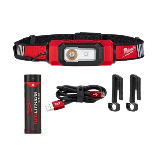 Milwaukee headlamp with battery, cable, and hooks on a white background