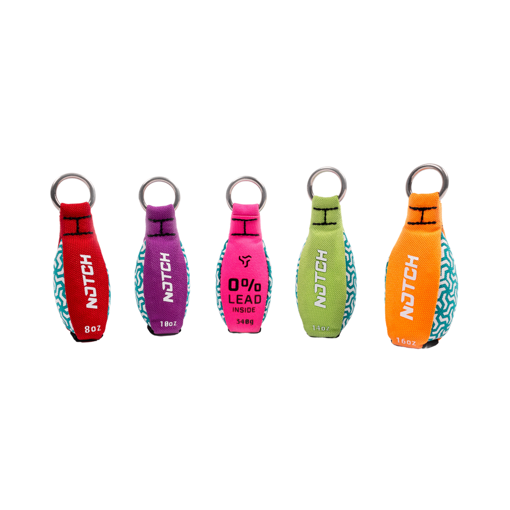 Five colorful throw weights with 'NOTCH' branding on a white background