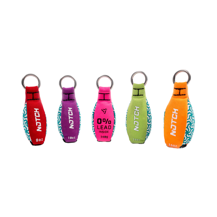 Five colorful throw weights with 'NOTCH' branding on a white background