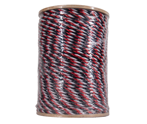 Spool of black, red, and white rope on a white background