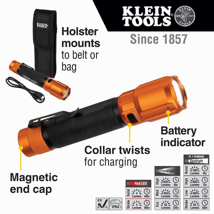 KLEIN Rechargeable 2-Color LED Flashlight with Holster