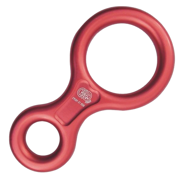 A red anodized aluminum figure 8 descender for climbing.