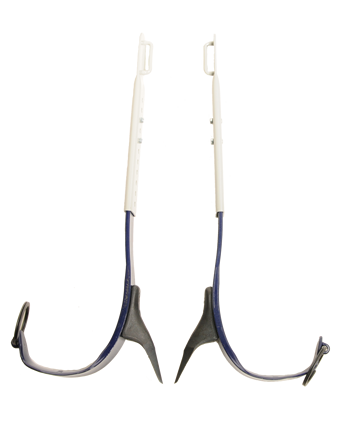 A pair of metal tree climbing irons with rubber grips and replaceable gaffs.