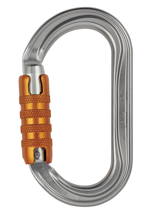 A silver PETZL OK AUTOLOCK carabiner with an orange Keylock system.