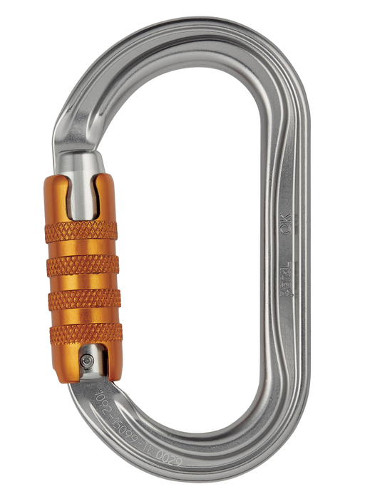 A silver PETZL OK AUTOLOCK carabiner with an orange Keylock system.