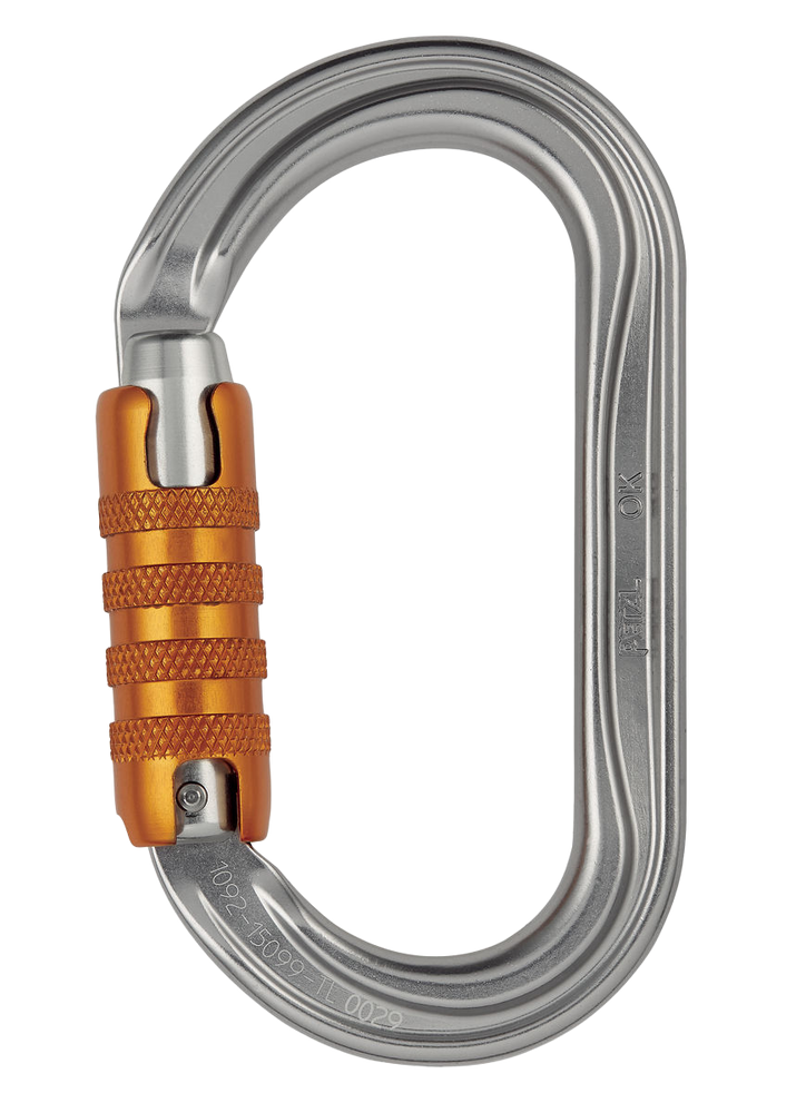 A silver PETZL OK AUTOLOCK carabiner with an orange Keylock system.