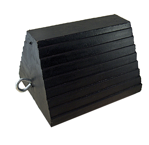 Black rubber wheel chock with a metal eyebolt