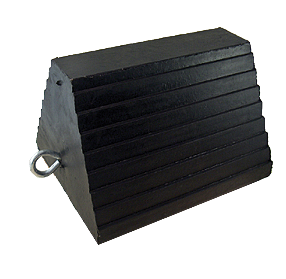 Black rubber wheel chock with a metal eyebolt