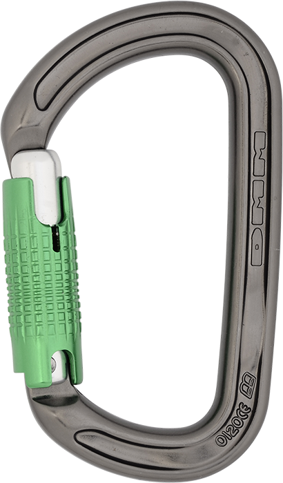 A gray DMM Ultra D locksafe carabiner with a green lock.